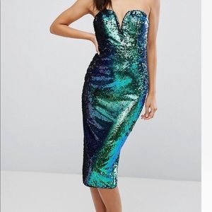 Bandeau Fish Scale Sequin Midi Dress